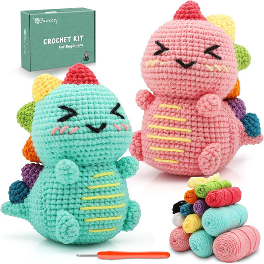 Faircosy Dinosaur Crochet Kit for Beginners: 2PCS Crochet Animal Kits for Kids & Adults - Learn to Crocheting Cute Amigurumi Starter Kit with Written Pattern & Video Tutorials (40%+ Yarn Extra)