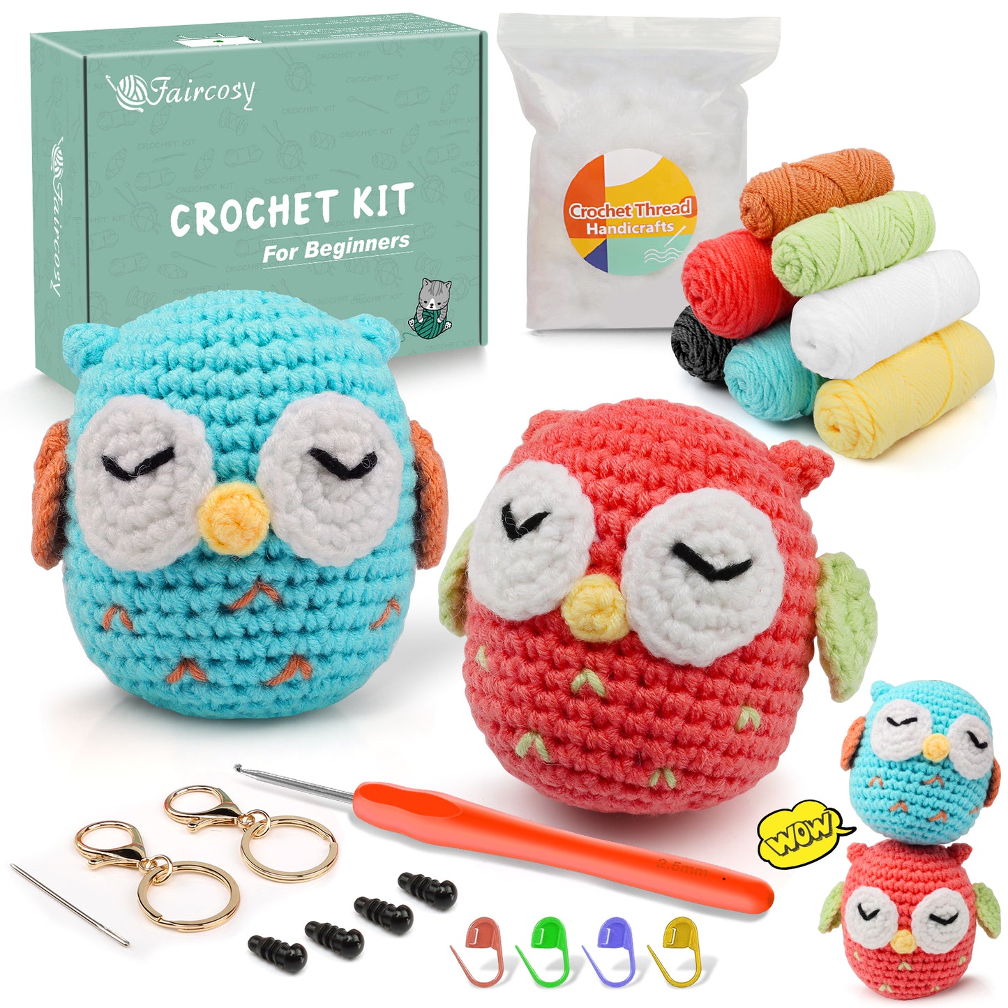 Faircosy 2PCS Beginner Crochet Kit: Amigurumi Crocheting Owls Kits, Starter Kit for Adults and Kids (10Age+) with Detailed Instructions and Tutorial