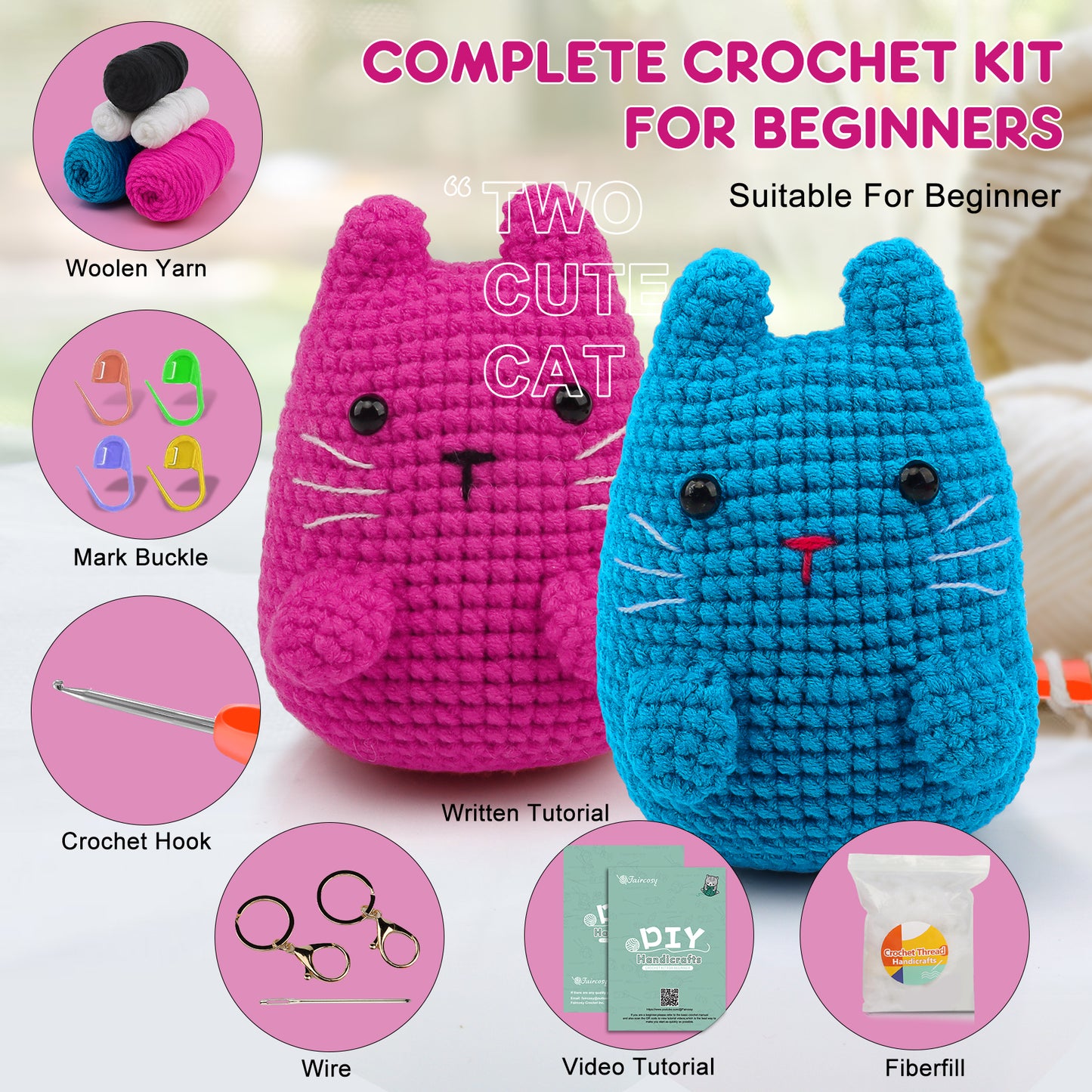 Faircosy Crochet Kit for Beginners: Amigurumi Crocheting Cat Kits, Starter Kit for Adults and Kids (10Age+) with Detailed Instructions and Tutorial