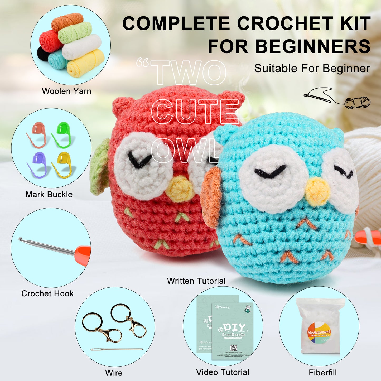 Faircosy 2PCS Beginner Crochet Kit: Amigurumi Crocheting Owls Kits, Starter Kit for Adults and Kids (10Age+) with Detailed Instructions and Tutorial