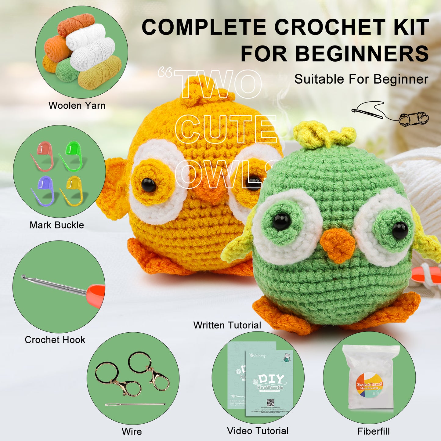 Faircosy 2PCS Beginner Crochet Kit: Amigurumi Crocheting Chick Kits, Starter Kit for Adults and Kids (10Age+) with Detailed Instructions and Tutorial