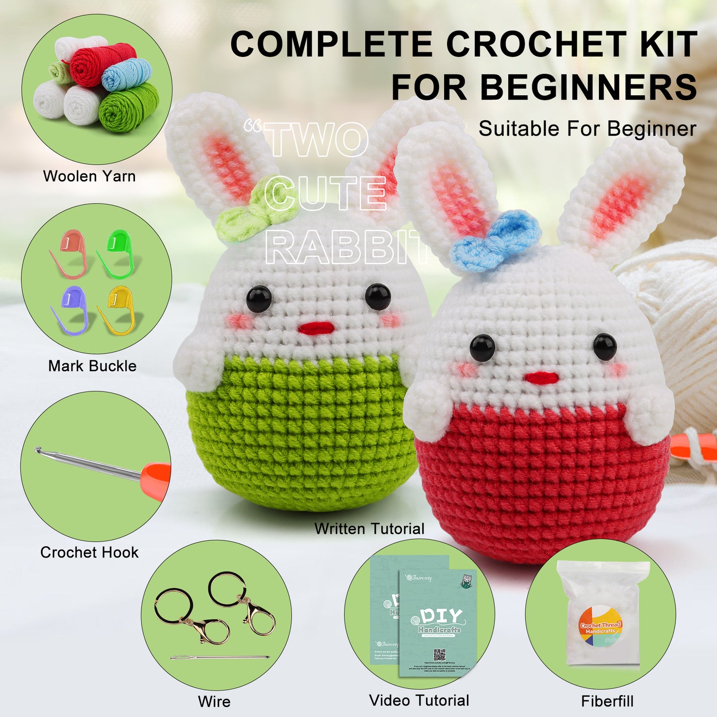 Faircosy Crochet Kit for Beginners: Amigurumi Crocheting Rabbit Kits, Starter Kit for Adults and Kids (10Age+) with Detailed Instructions and Tutorial