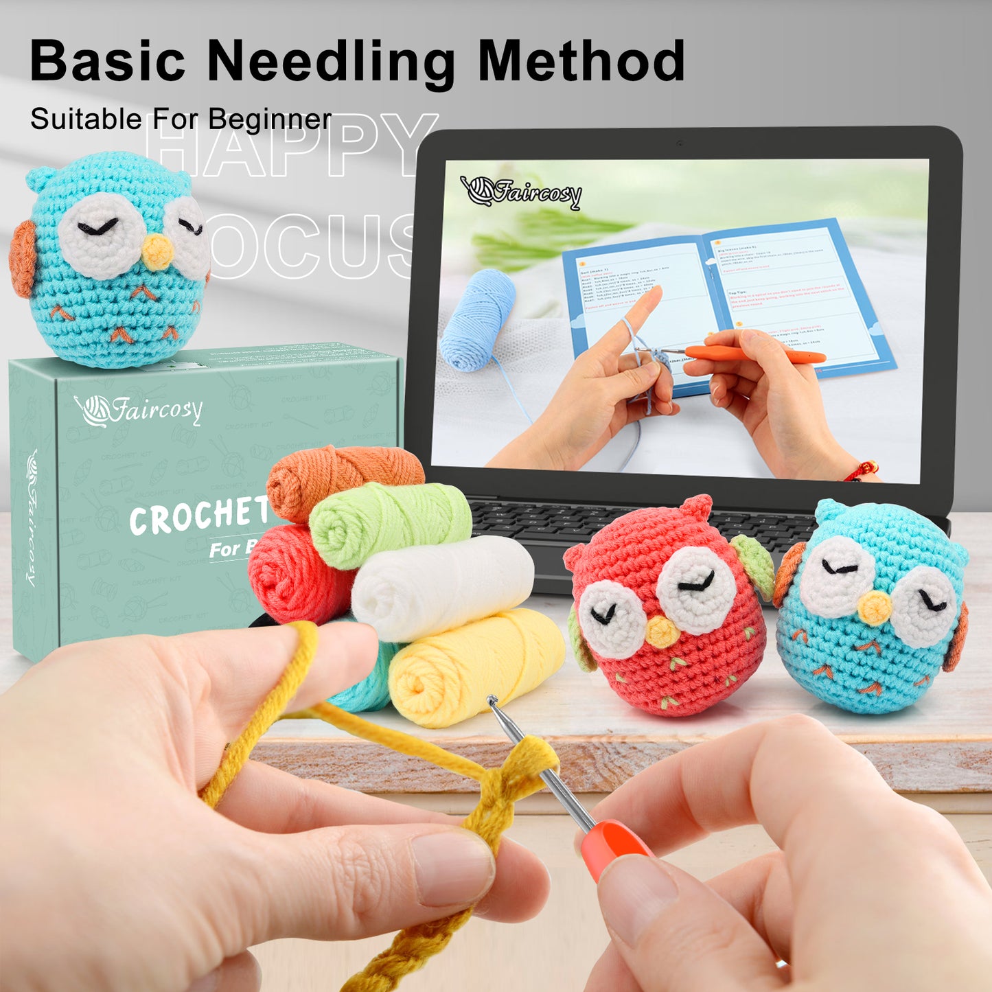 Faircosy 2PCS Beginner Crochet Kit: Amigurumi Crocheting Owls Kits, Starter Kit for Adults and Kids (10Age+) with Detailed Instructions and Tutorial