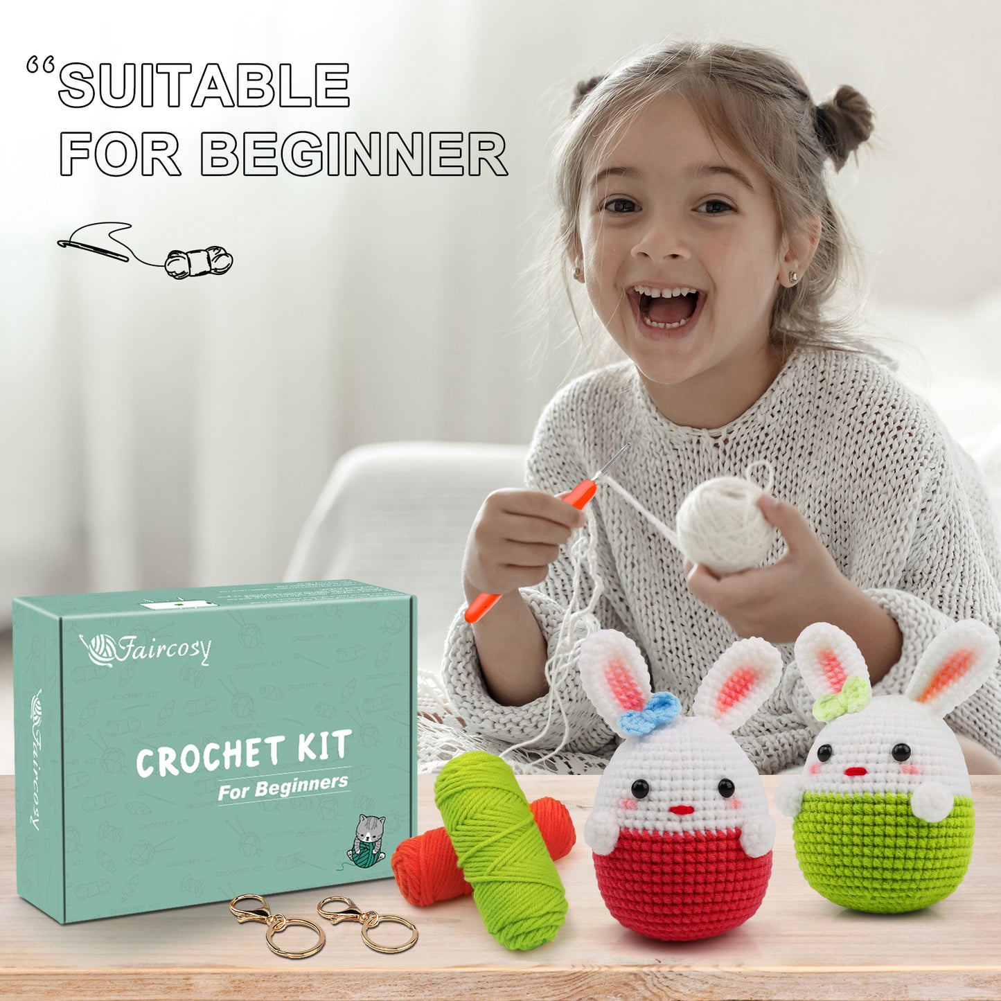 Faircosy Crochet Kit for Beginners: Amigurumi Crocheting Rabbit Kits, Starter Kit for Adults and Kids (10Age+) with Detailed Instructions and Tutorial