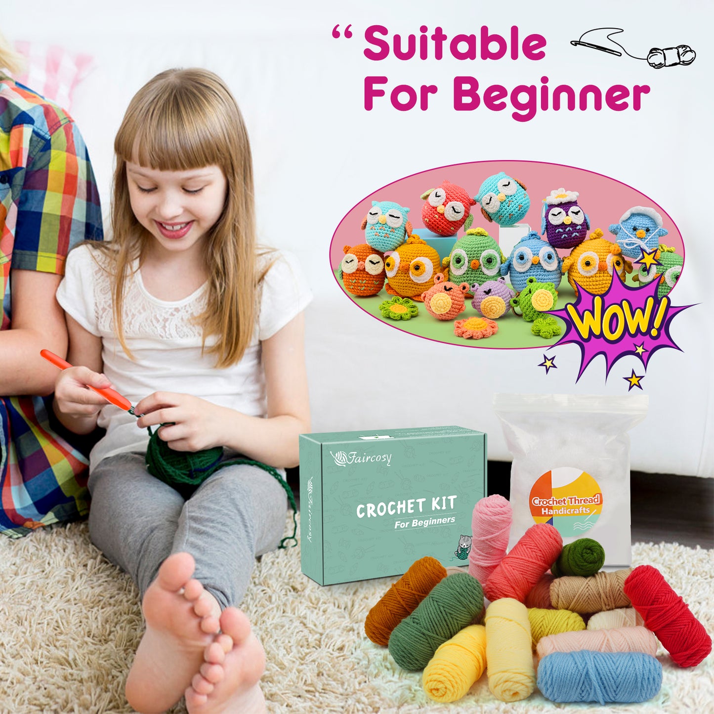 Faircosy Crochet Kit for Beginners: Amigurumi Crocheting Cat Kits, Starter Kit for Adults and Kids (10Age+) with Detailed Instructions and Tutorial