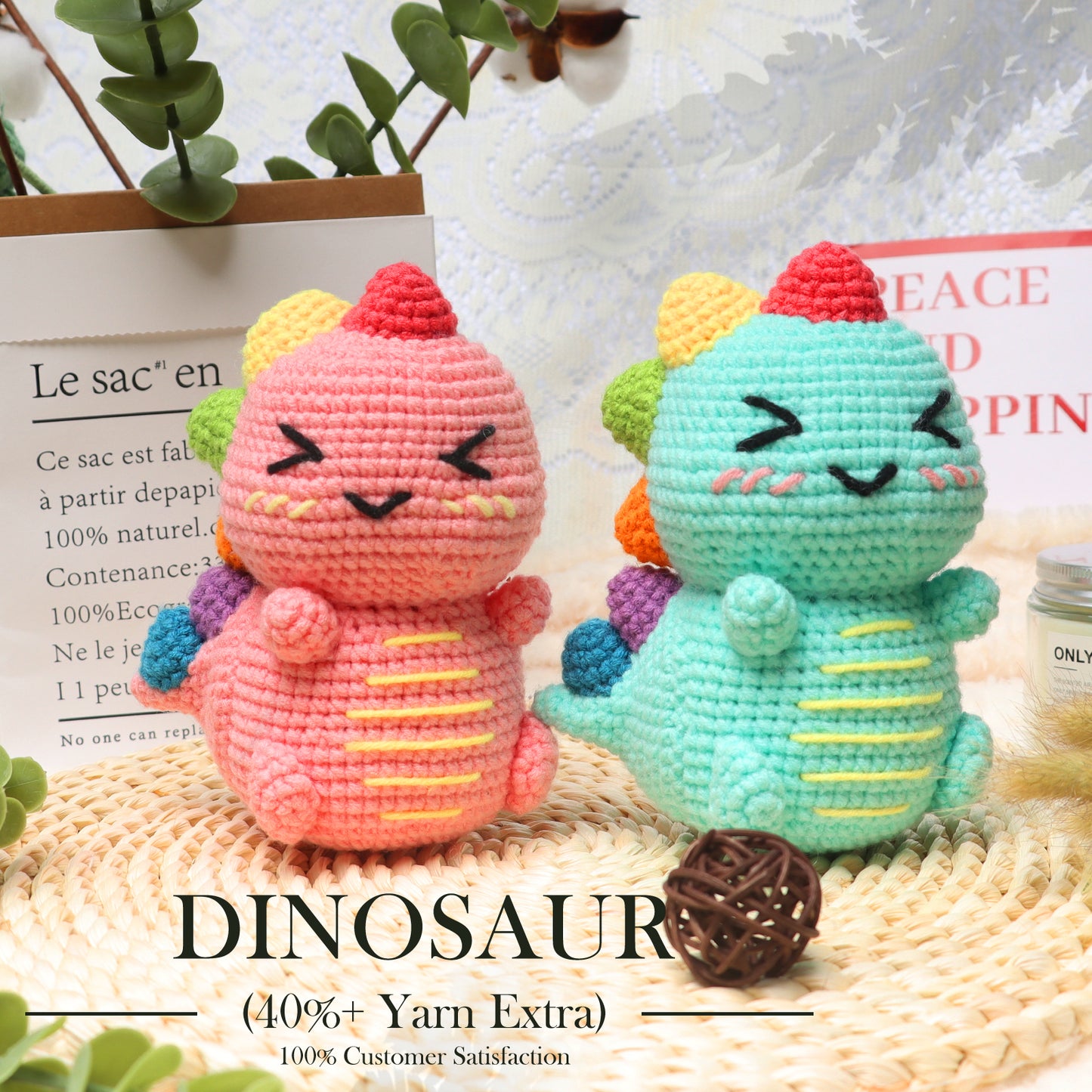 Faircosy Dinosaur Crochet Kit for Beginners: 2PCS Crochet Animal Kits for Kids & Adults - Learn to Crocheting Cute Amigurumi Starter Kit with Written Pattern & Video Tutorials (40%+ Yarn Extra)