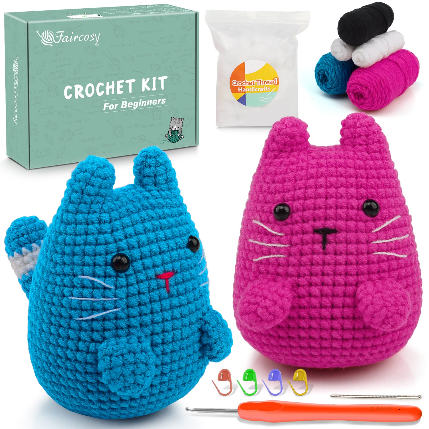 Faircosy Crochet Kit for Beginners: Amigurumi Crocheting Cat Kits, Starter Kit for Adults and Kids (10Age+) with Detailed Instructions and Tutorial